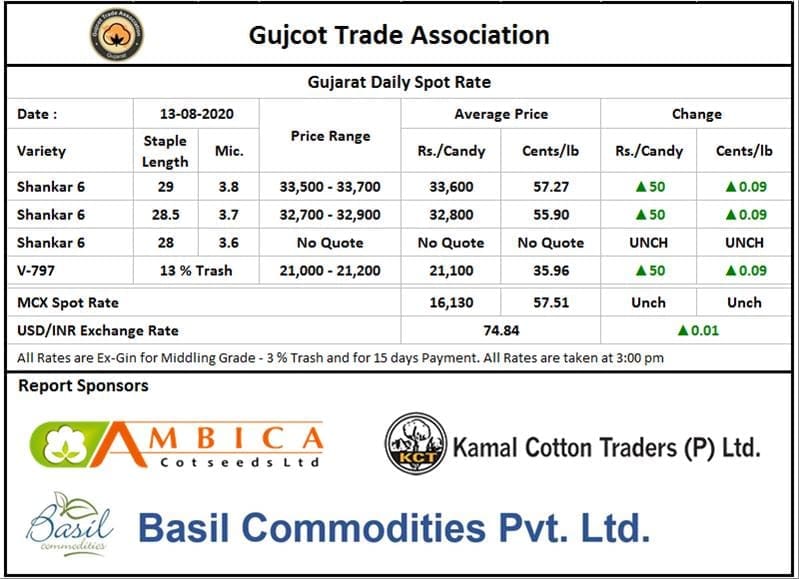Gujarat Cotton Price ,13th Aug 2020